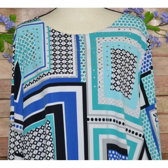 JM Collection Blue Color Block Studded Blouse Top Plus Size 3X Long Bell Sleeves - Picture 2 of 11